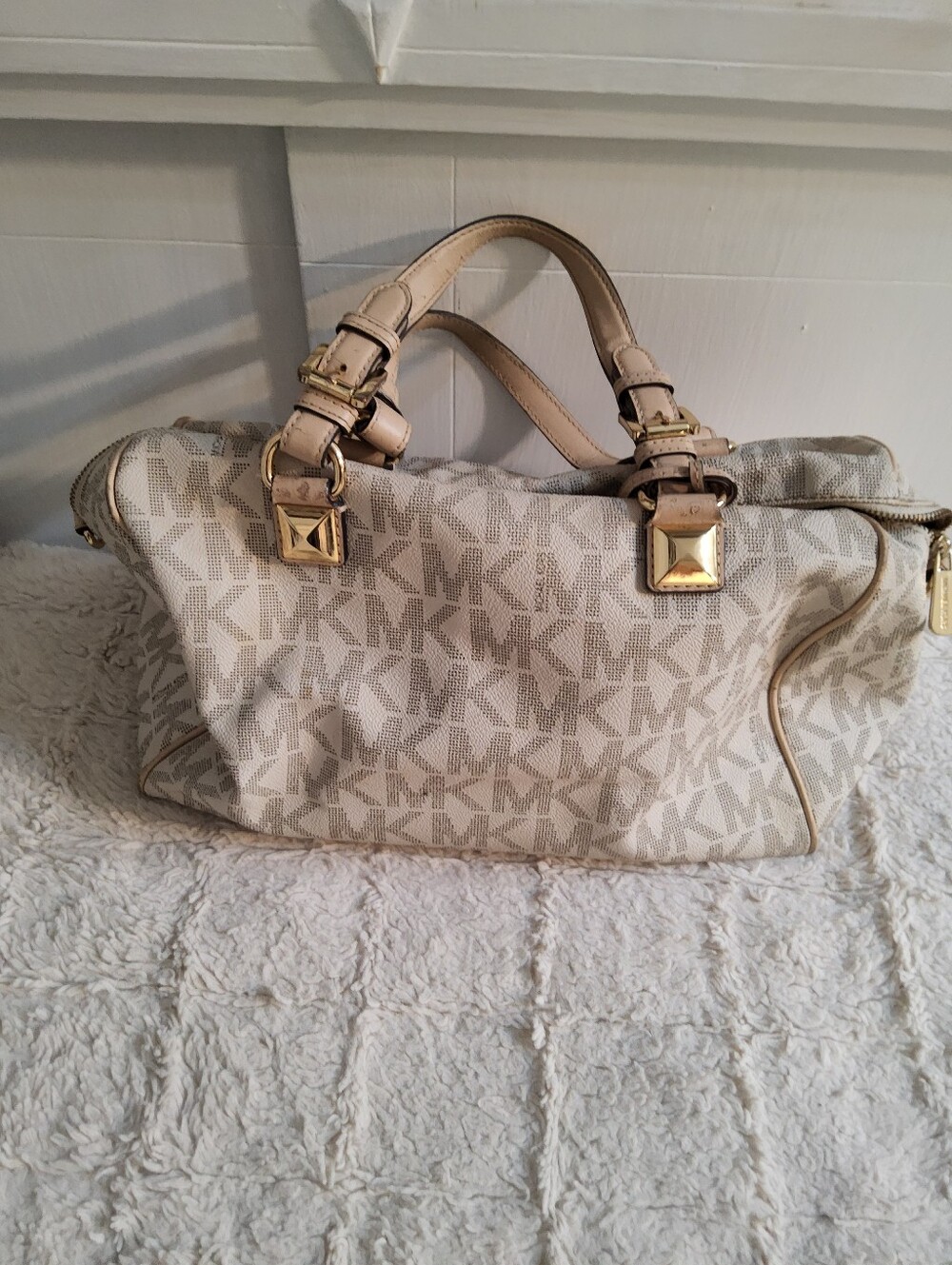Michael Kors Beige MK Logo Satchel with Gold Hardware